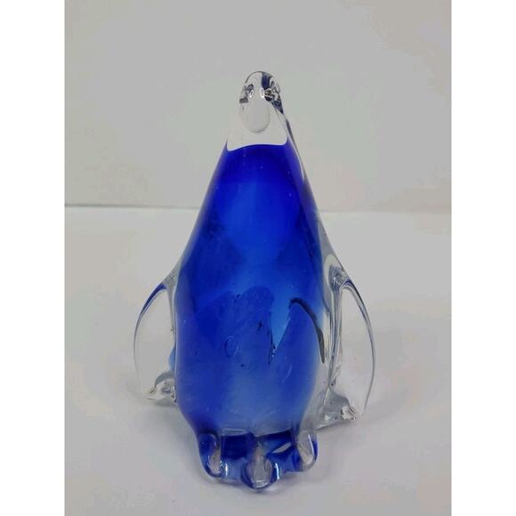 Art Glass Penguin with Two Penguins inside Cobalt Blue Tall Arctic Paperweight - Picture 4 of 7